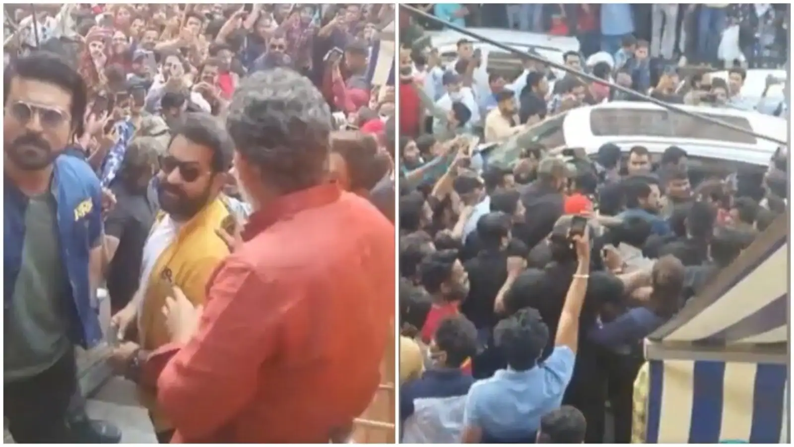 Jr NTR, Ram Charan, SS Rajamouli get mobbed in Jaipur during RRR promotions. Watch video