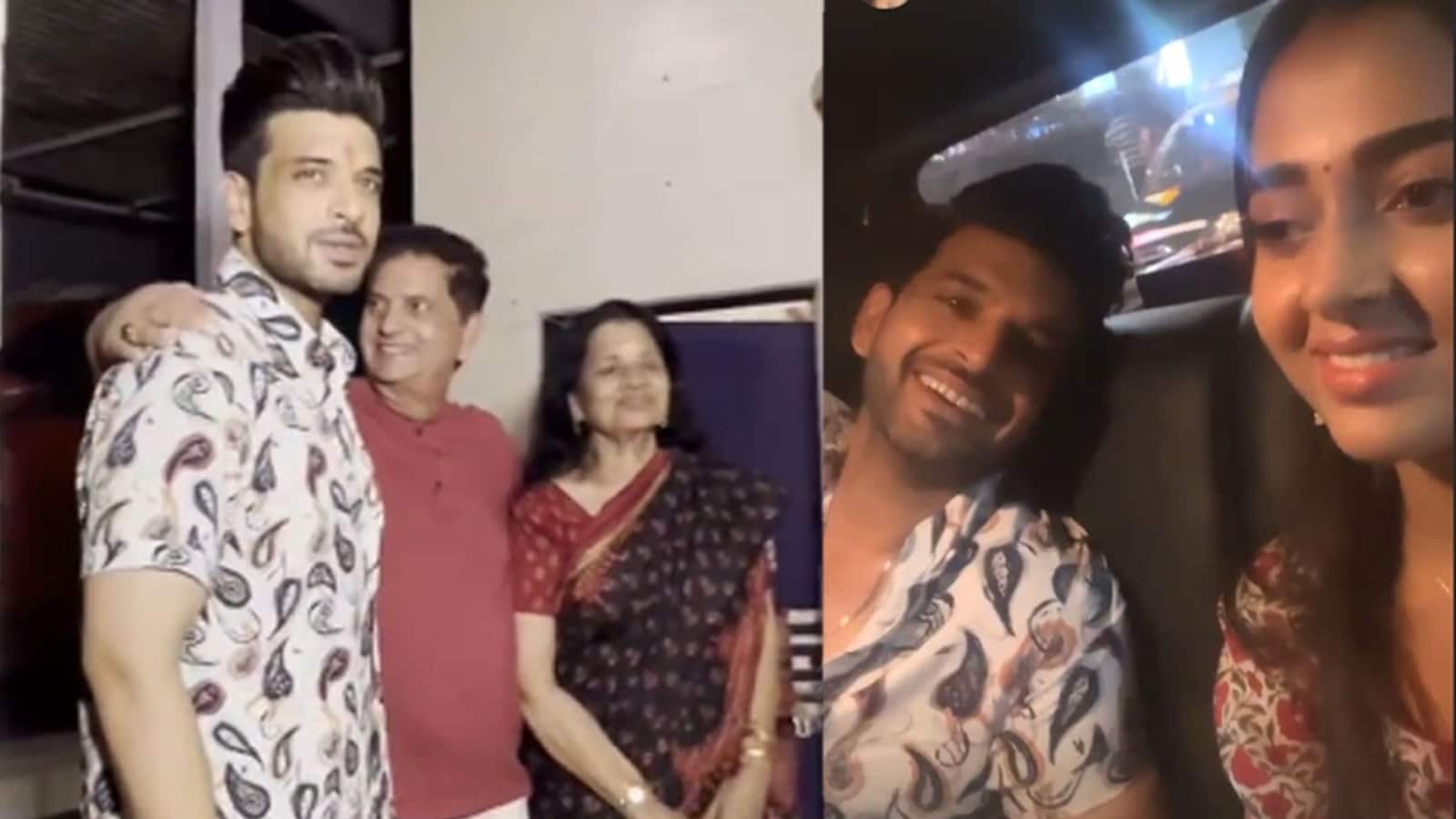 Karan Kundrra attends a function at Tejasswi Prakash’s residence with parents, poses with a tilak on his forehead. Watch