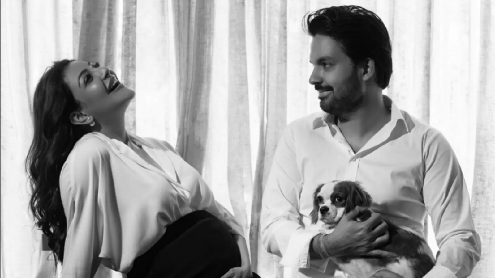 Mom-to-be Kajal Aggarwal poses for family portrait with husband Gautam Kitchlu and pet dog Mia, fans are all heart