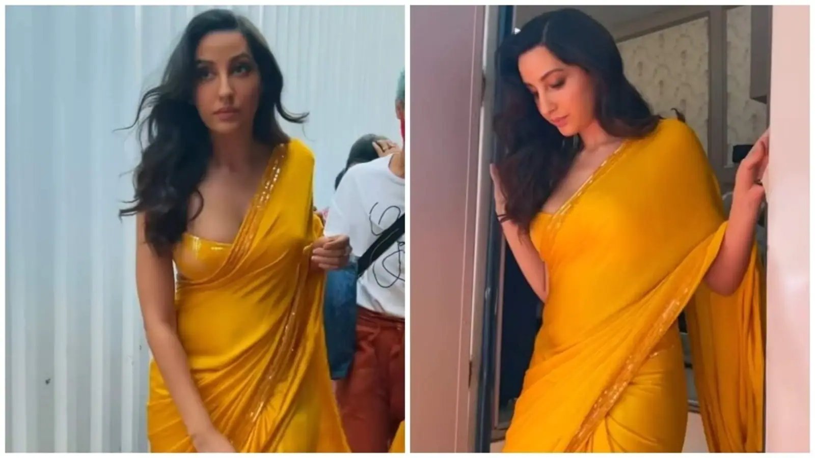 Nora Fatehi in yellow saree and shimmering bralette takes over Mumbai like a stunning ethnic queen: Watch video