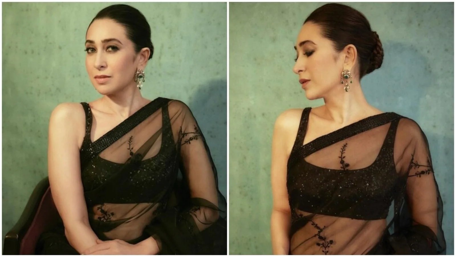 Karisma Kapoor in sheer Sabyasachi saree and shimmery blouse favours the bold black: See pics, video