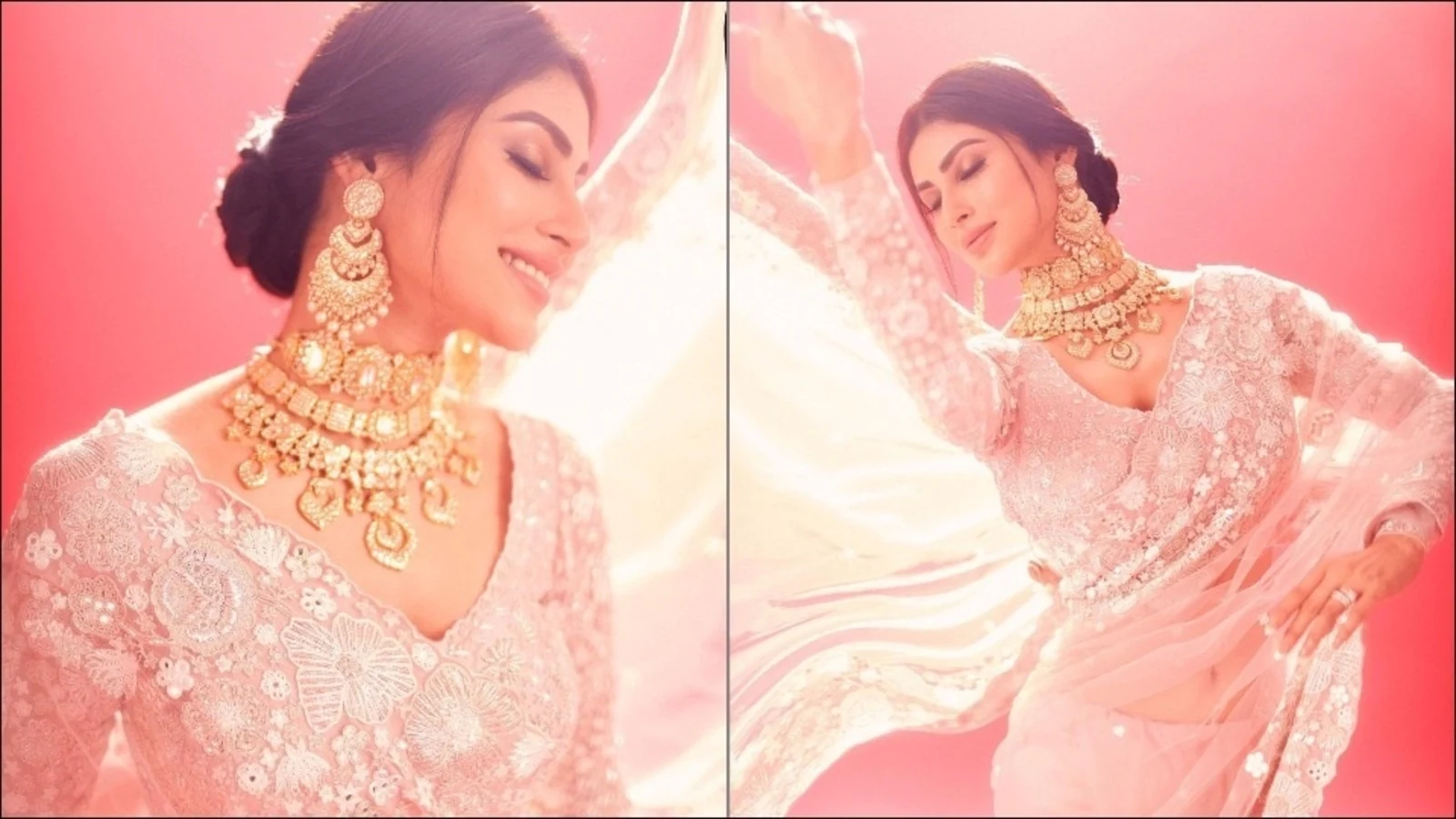 Mouni Roy dazzles in a blush pink floral saree and we can’t take our eyes off