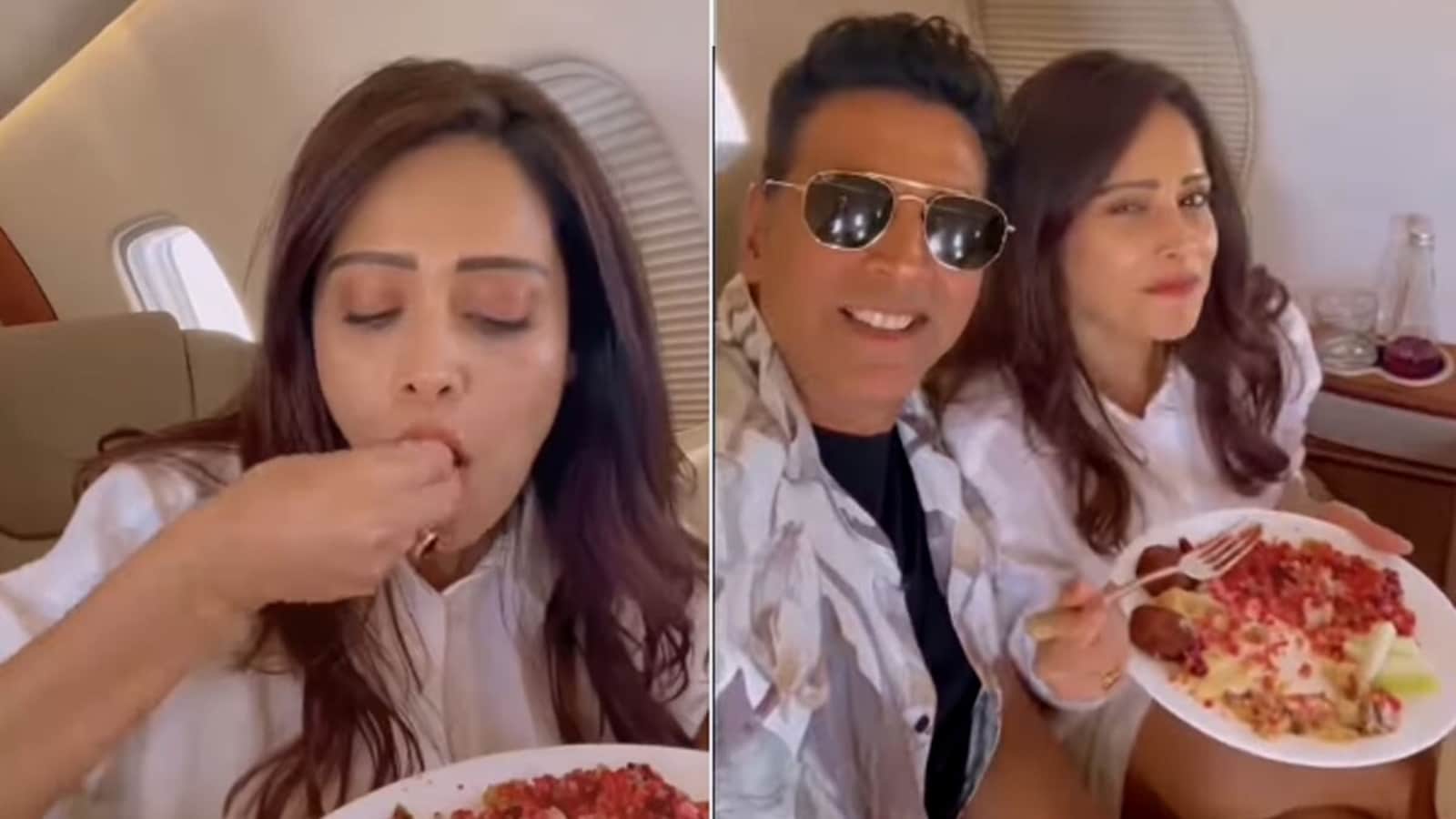 Nushrratt Bharuccha eats lunch with her hands, picks up fork as Akshay Kumar joins in. Watch