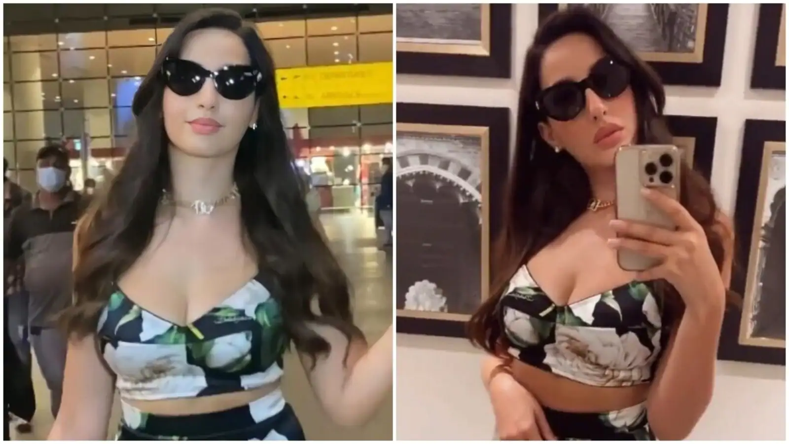 Nora Fatehi makes fans go weak in the knees with airport look in floral cropped blouse and bodycon skirt: See videos