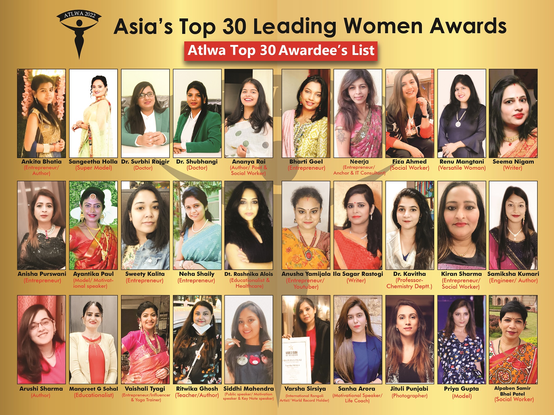 Asia’s Top 30 Leading Women Award (ATLWA) 2022 organised by Diva Planet Magazine to felicitate Some Wonder Women.