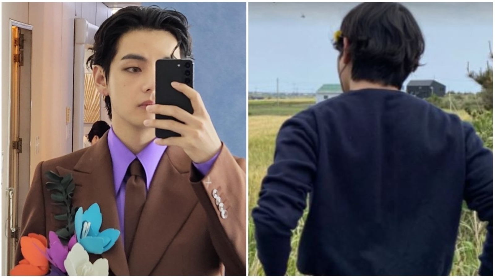 BTS’ V steps out of his Seoul home to visit the countryside, tucks a flower behind his ear. See pics