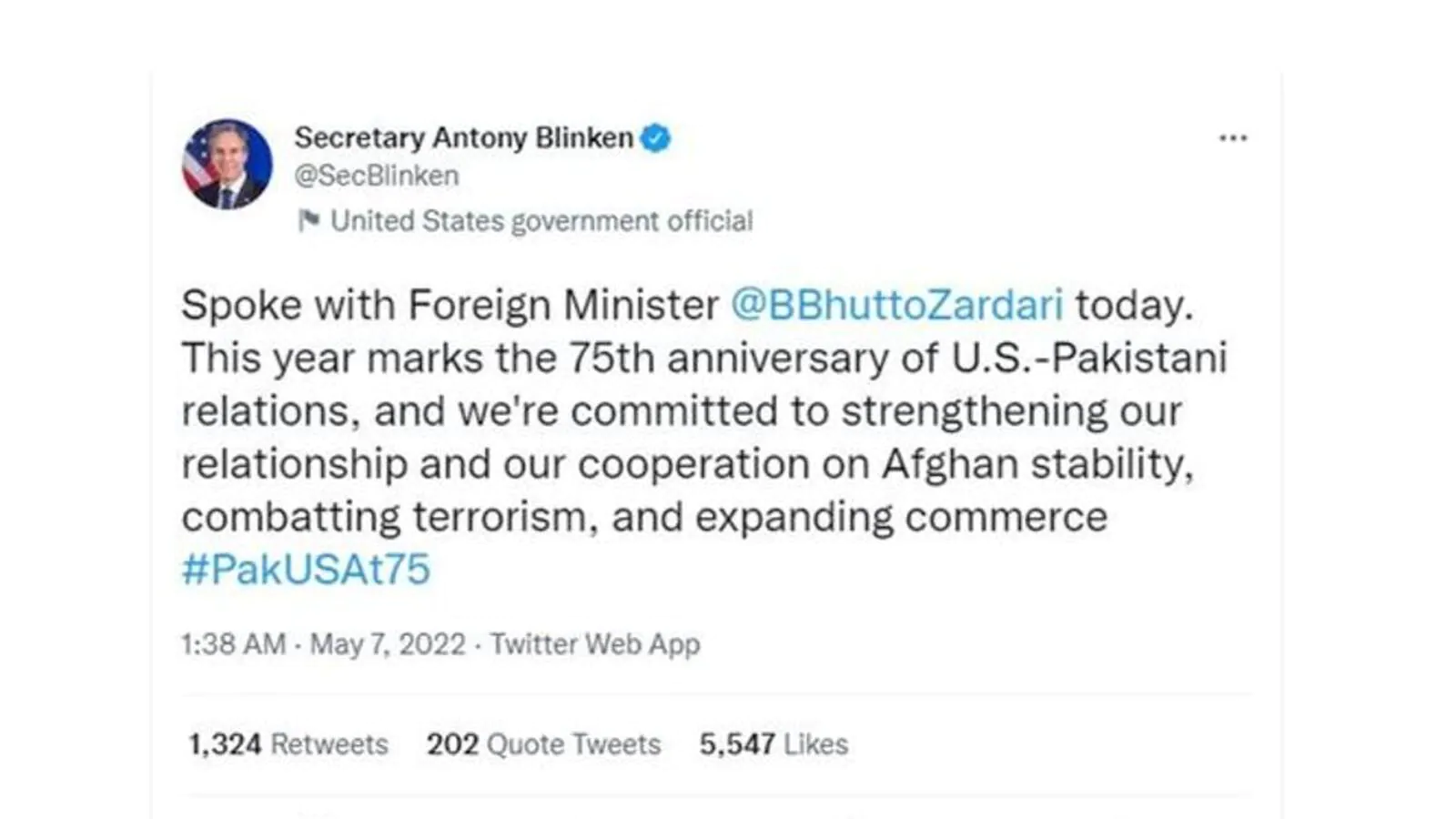 Blinken’s call to Bilawal hints to possible reset in US-Pak ties