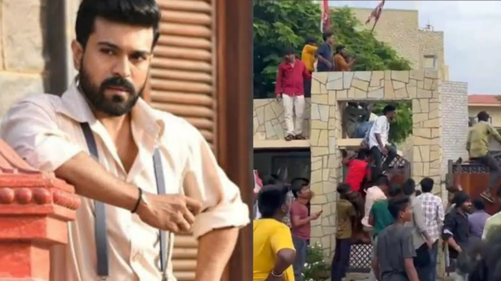 Ram Charan fans crowd airport, climb hotel walls to catch a glimpse of actor in Vishakhapatnam. Watch videos