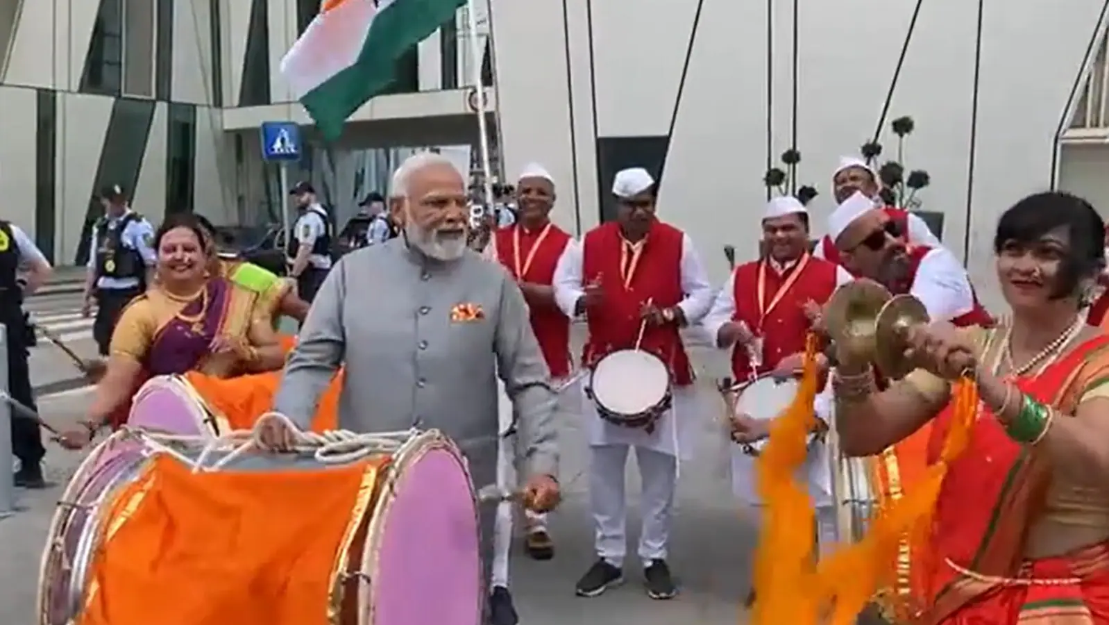 Watch: Modi tries hand at playing dhol in Denmark’s Copenhagen