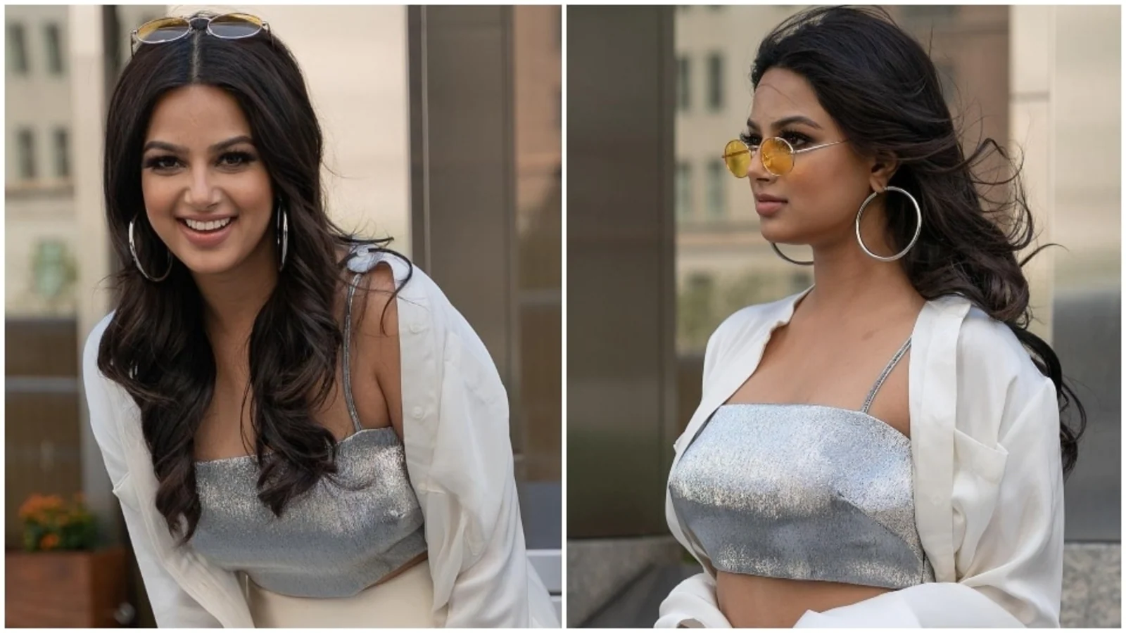 Harnnaz Sandhu is a glam ‘City girl’ in silver crop top with co-ord white shirt and pants set: Check out pics