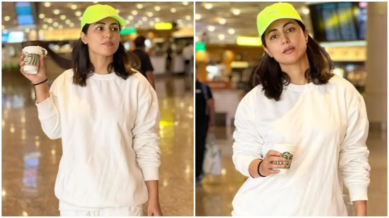 Hina Khan sips coffee and serves airport fashion goals in white athleisure and ₹2 lakh tote bag: See pics