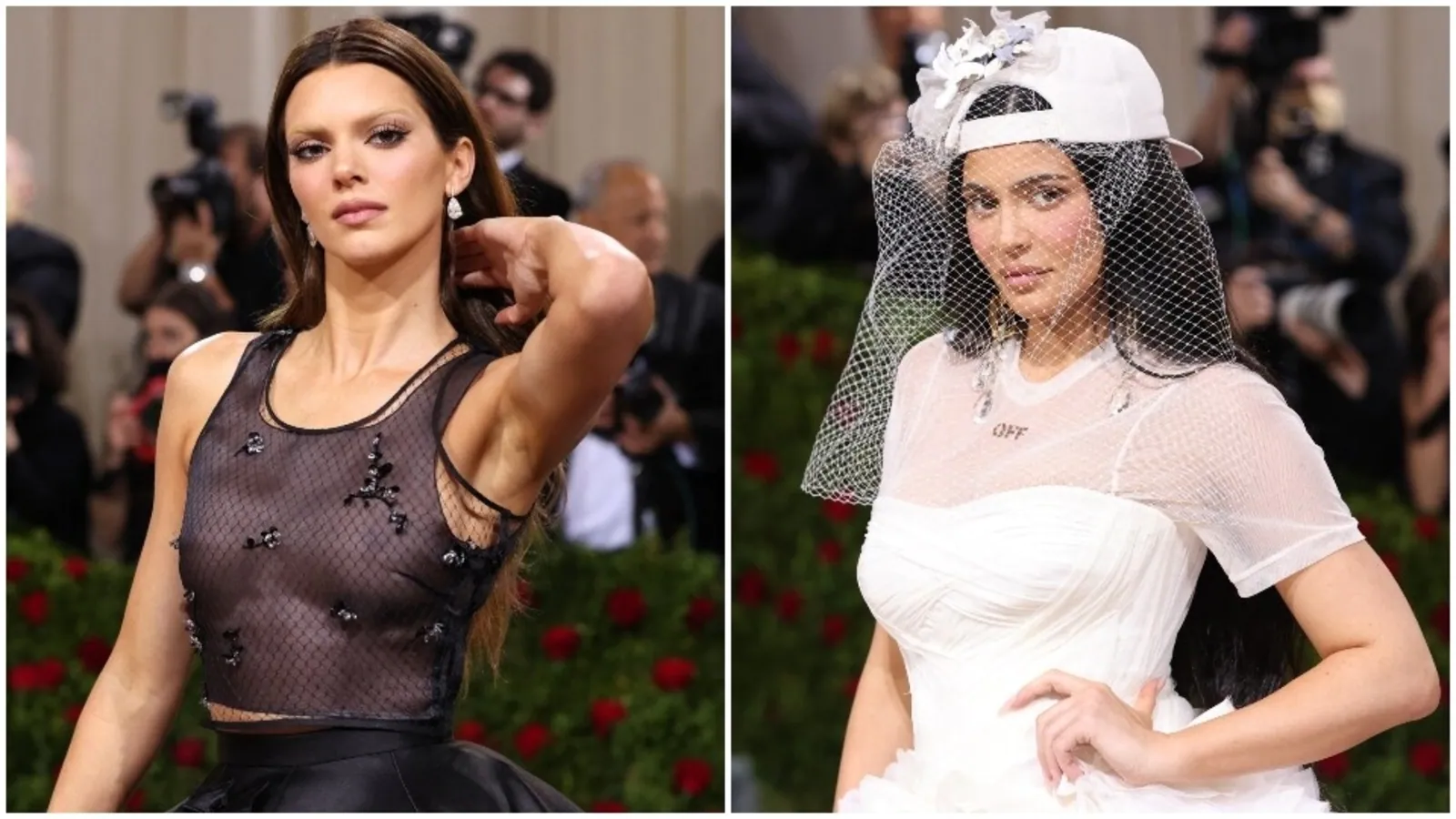 Kendall Jenner with bleached brows, Kylie in wedding dress with baseball cap have a Yin-Yang reunion at Met Gala 2022
