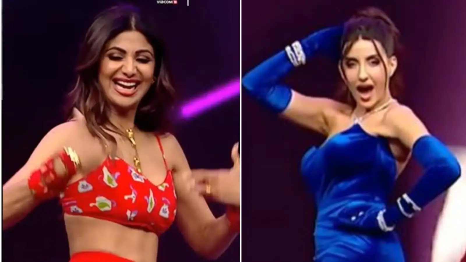 Shilpa Shetty, Nora Fatehi have a dance-off as they groove to Babuji Zara Dheere Chalo on Dance Deewane sets. Watch